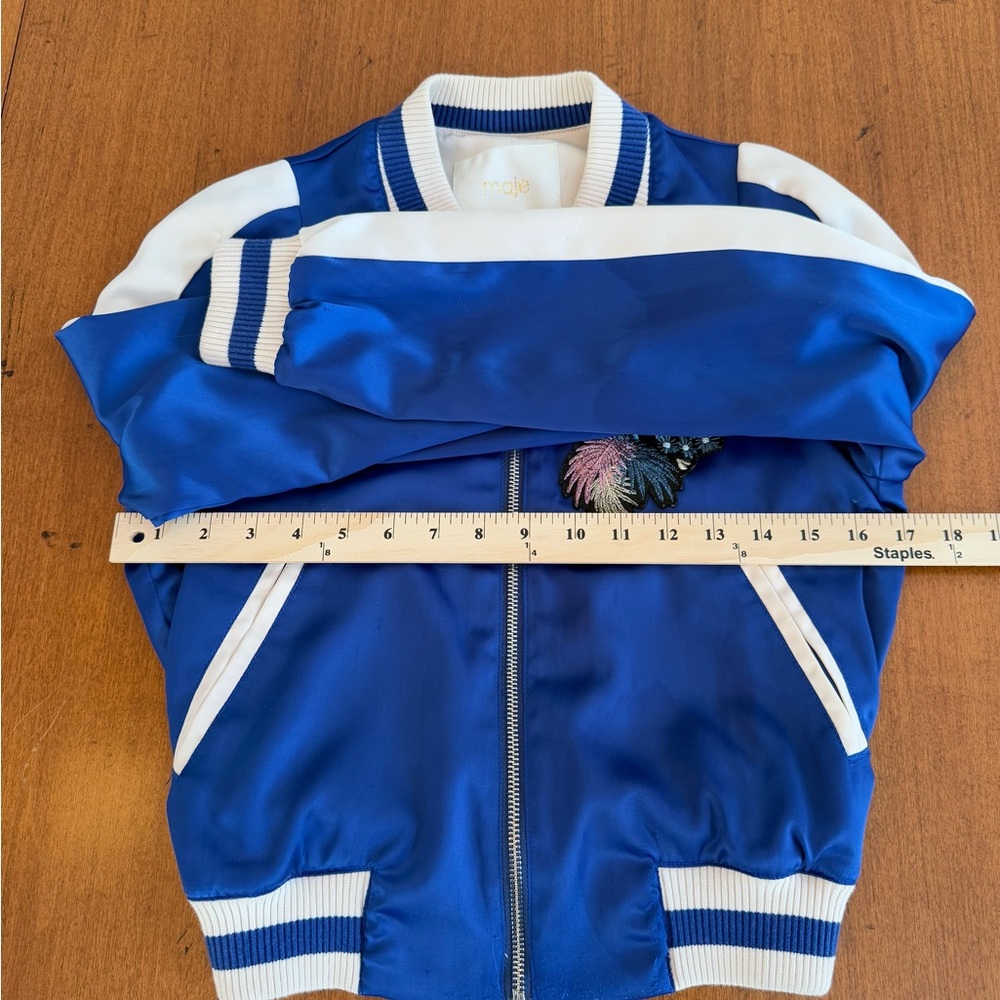 Maje Blue and White Satin Bomber Jacket with Cactus appliqué - Picture 7 of 12